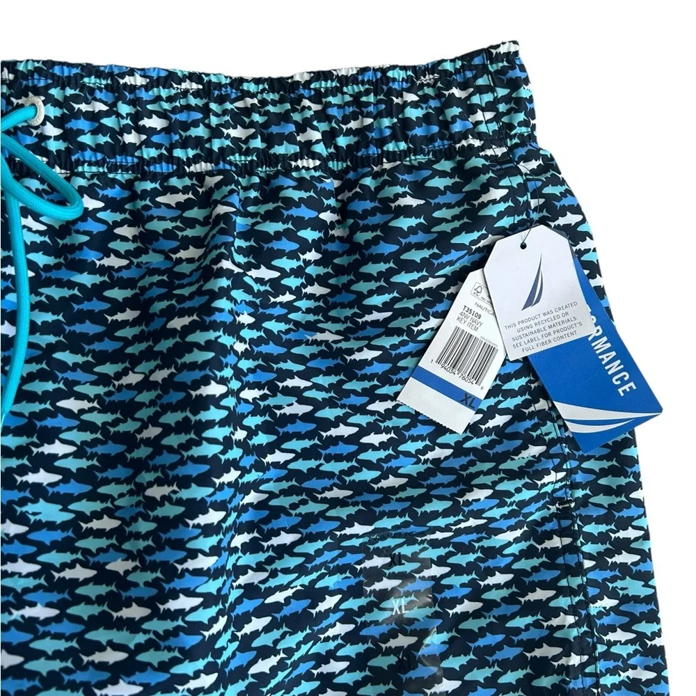 NWT Nautica Men’s Swim Trunks XL Blue Shark Print Quick Dry‎ Sustainable